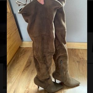 Over the knee, taupe microfibre stiletto boots